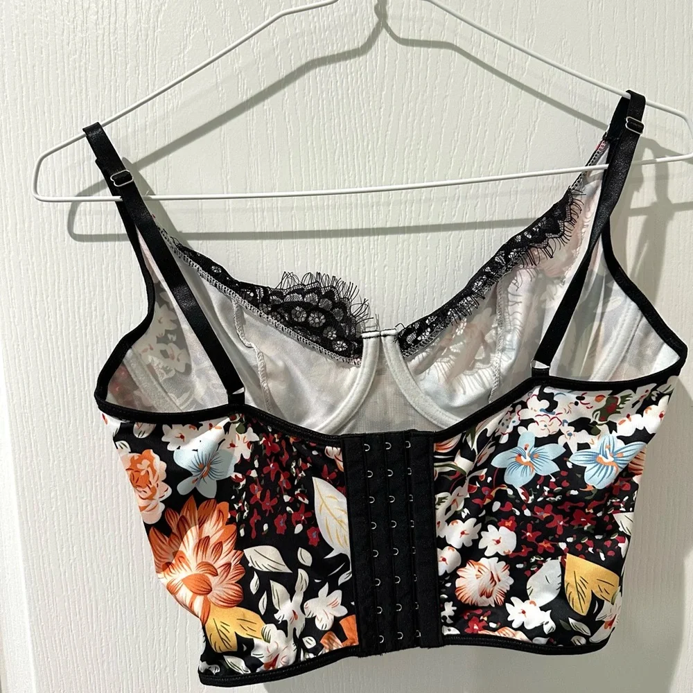 SHEIN VCAY Floral Print Eyelash Lace Trim Bustier Bra